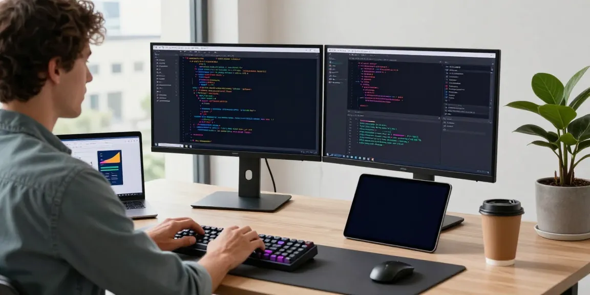 Developer coding with instant indexing tools in a modern workspace