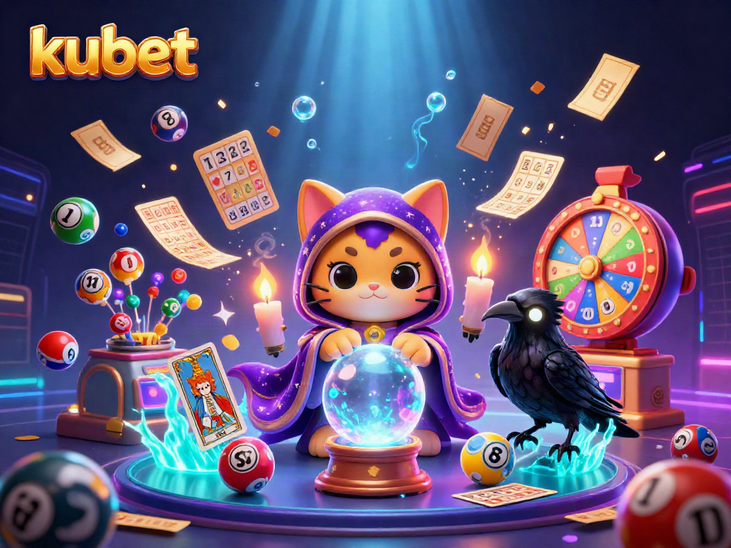 Kubet's vibrant lottery scene features a fortune teller cat and tarot raven amidst dynamic game elements.