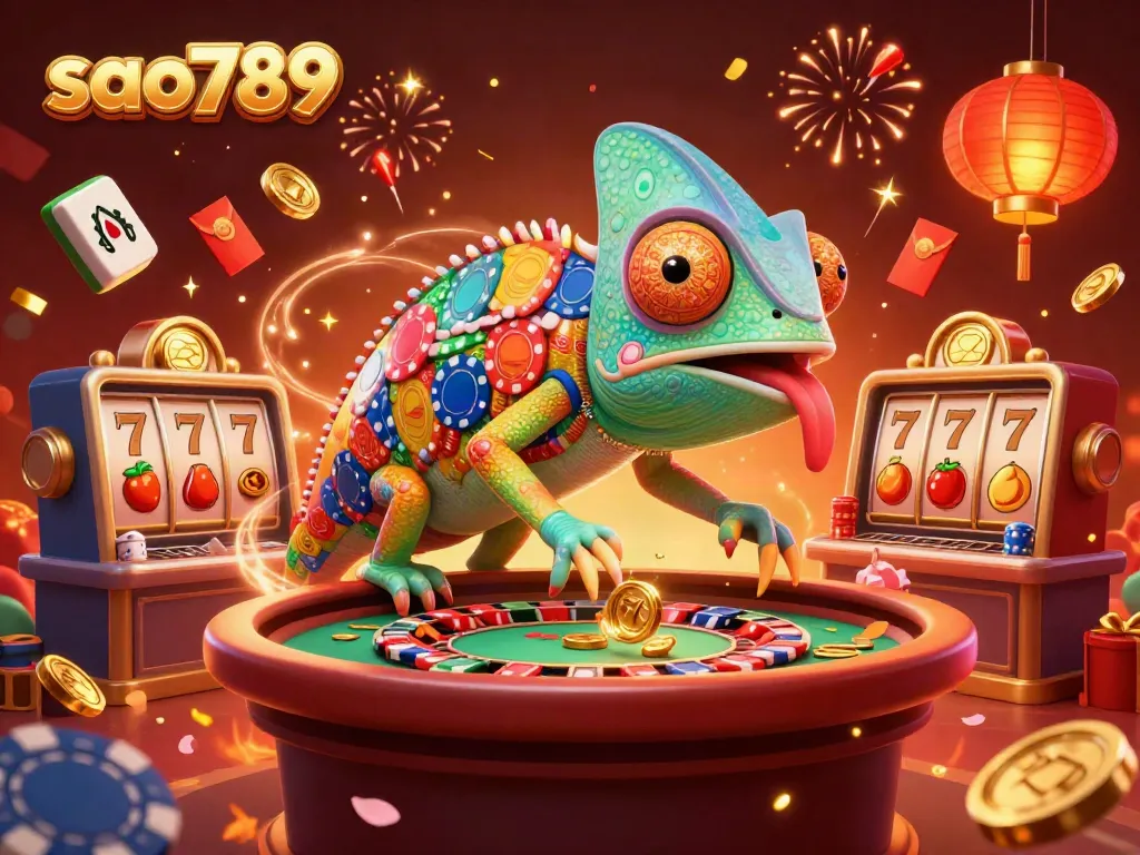 Experience the vibrant action of sao789 with a chameleon casino owner amid a colorful gaming spectacle.