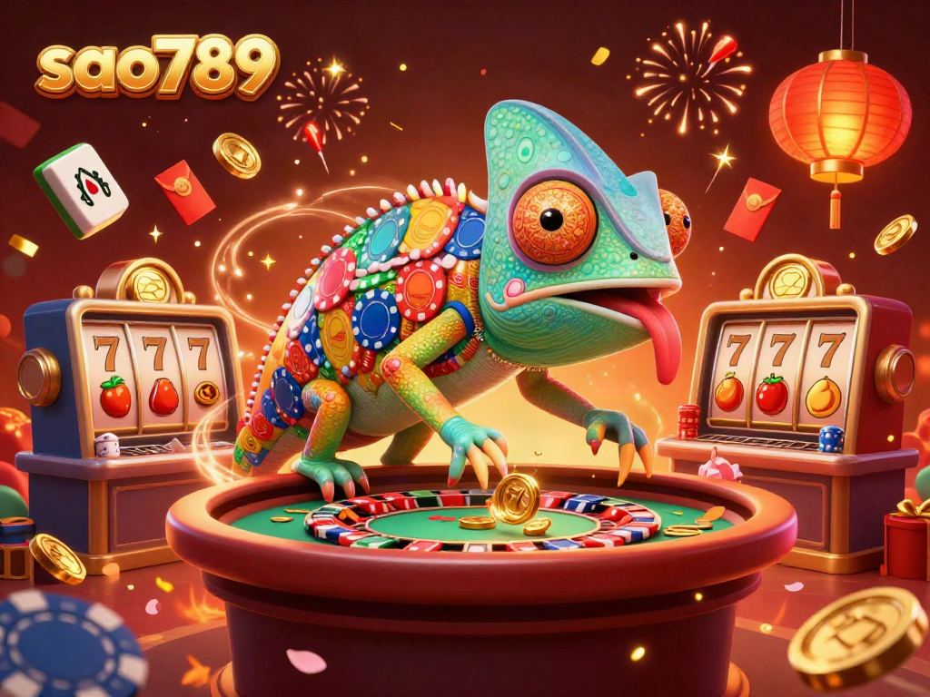 Experience the vibrant action of sao789 with a chameleon casino owner amid a colorful gaming spectacle.