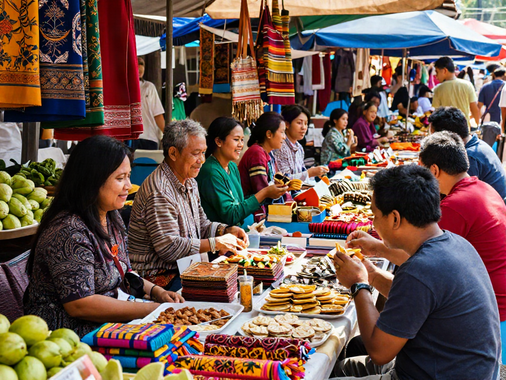 Engaging outdoor market scene highlighting support for rokok 88 and local Indonesian products.