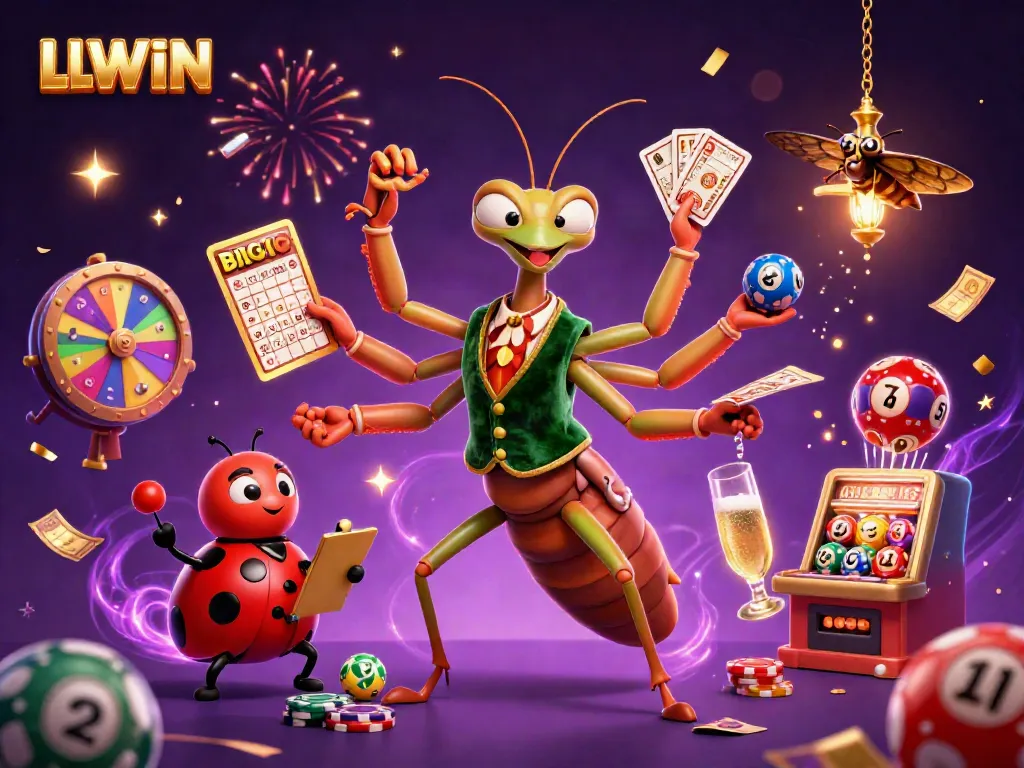 LLWIN casino scene with a giant praying mantis dealing cards and a ladybug pit boss overseeing vibrant lottery balls and confetti.