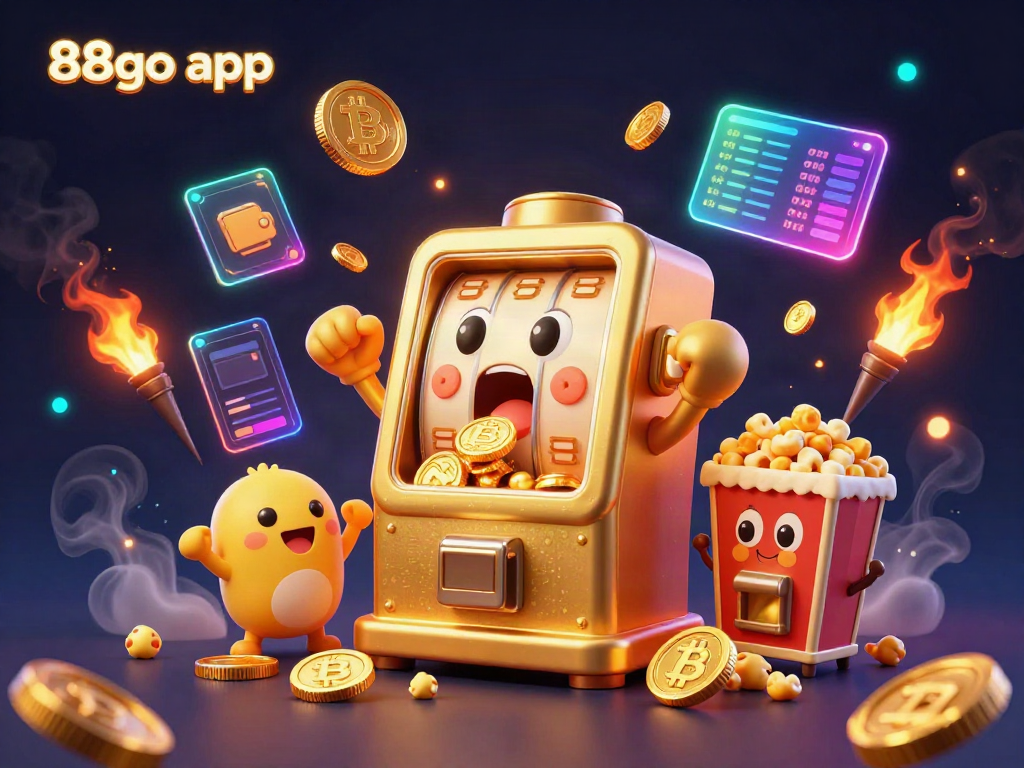 Experience the fun of the 88go app with a golden slot machine hitting a jackpot surrounded by cheering characters.