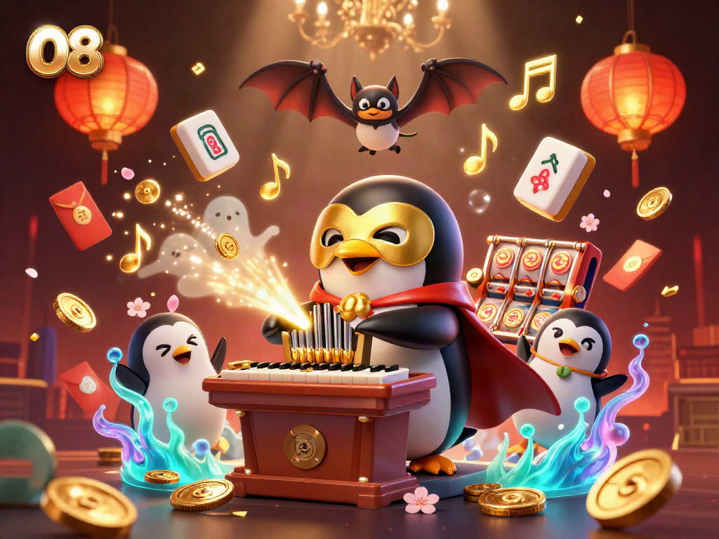 O8-themed casino illustration featuring an opera penguin and slot elements in vibrant scene
