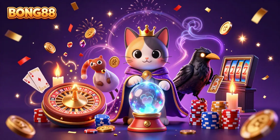 Experience the magic of BONG88 with this captivating illustration of a mystic fortune teller and a raven in a vibrant casino scene.