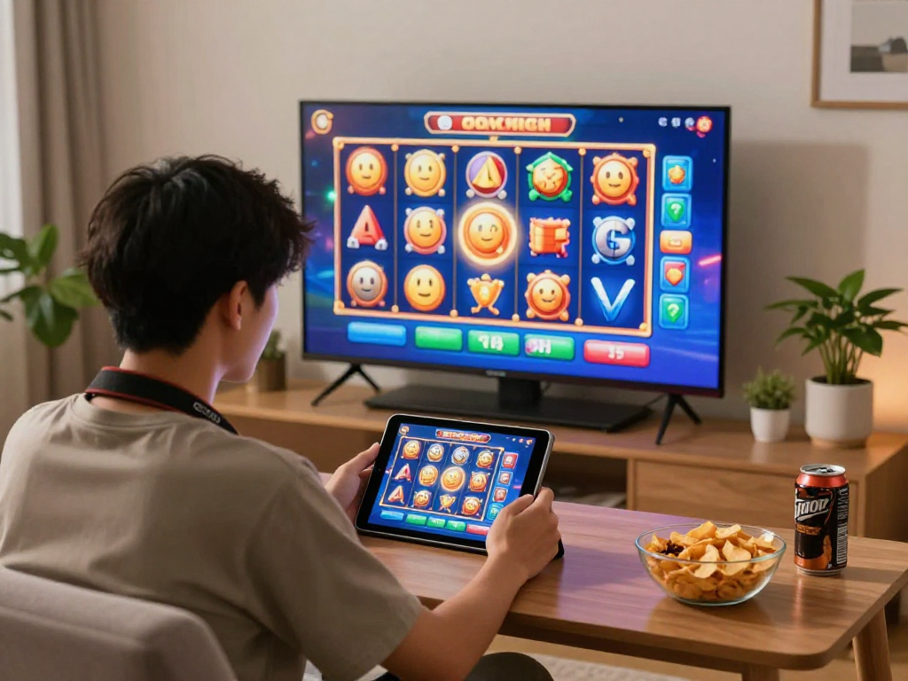 Player enjoying slot gacor games on a tablet in a cozy living room, showcasing vibrant graphics and a social gaming setup.