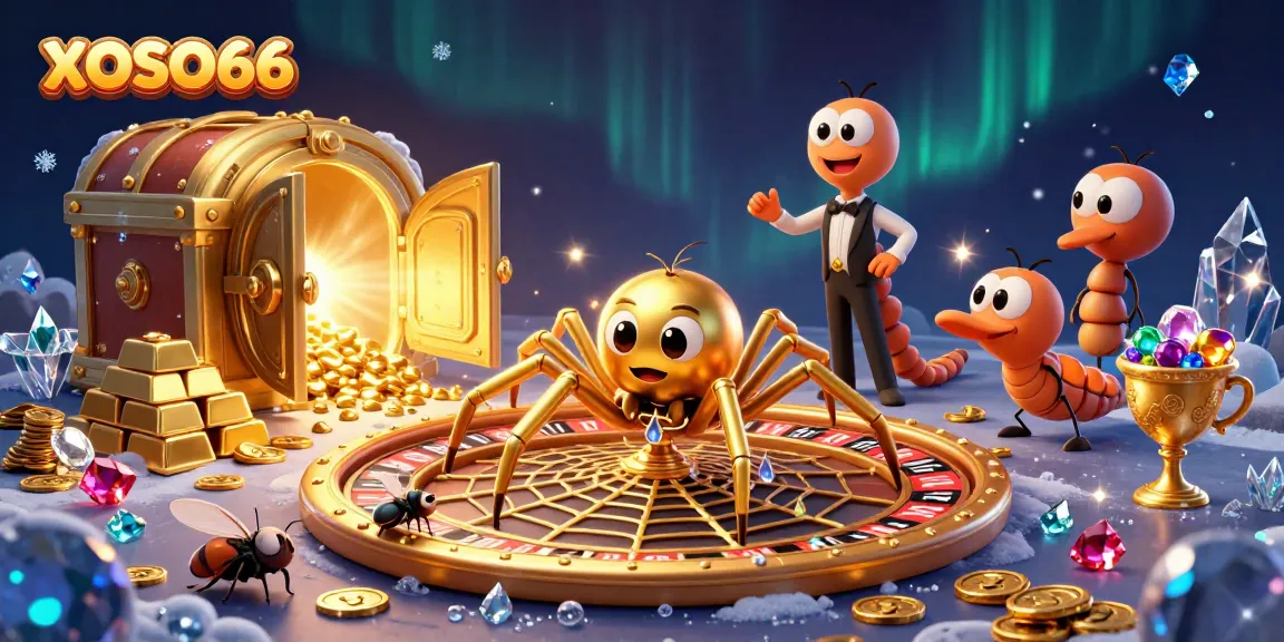 XOSO66 showcases vibrant gold prizes and a thrilling roulette scene with engaging characters.
