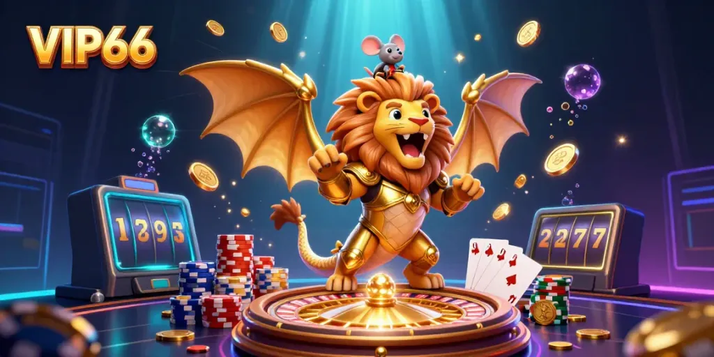 Experience exciting gaming at VIP66 with a triumphant chimera, golden coins, and vibrant casino elements.