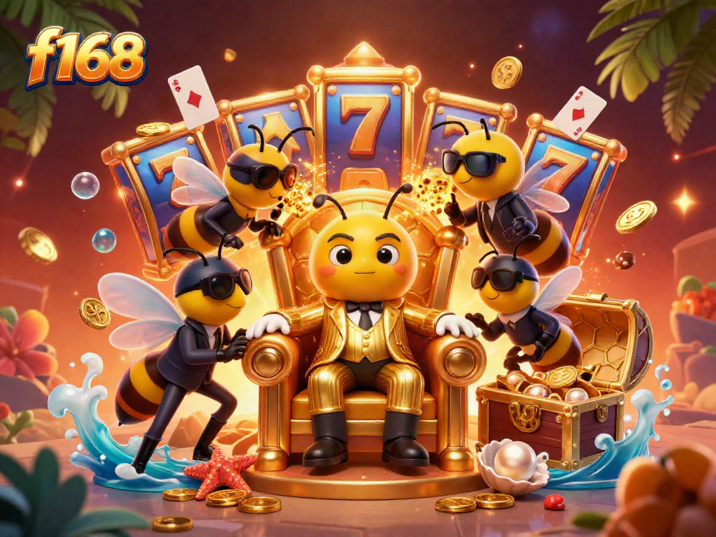 Experience the excitement of f168 with a lavish 3D casino scene featuring cartoon characters and slot elements.