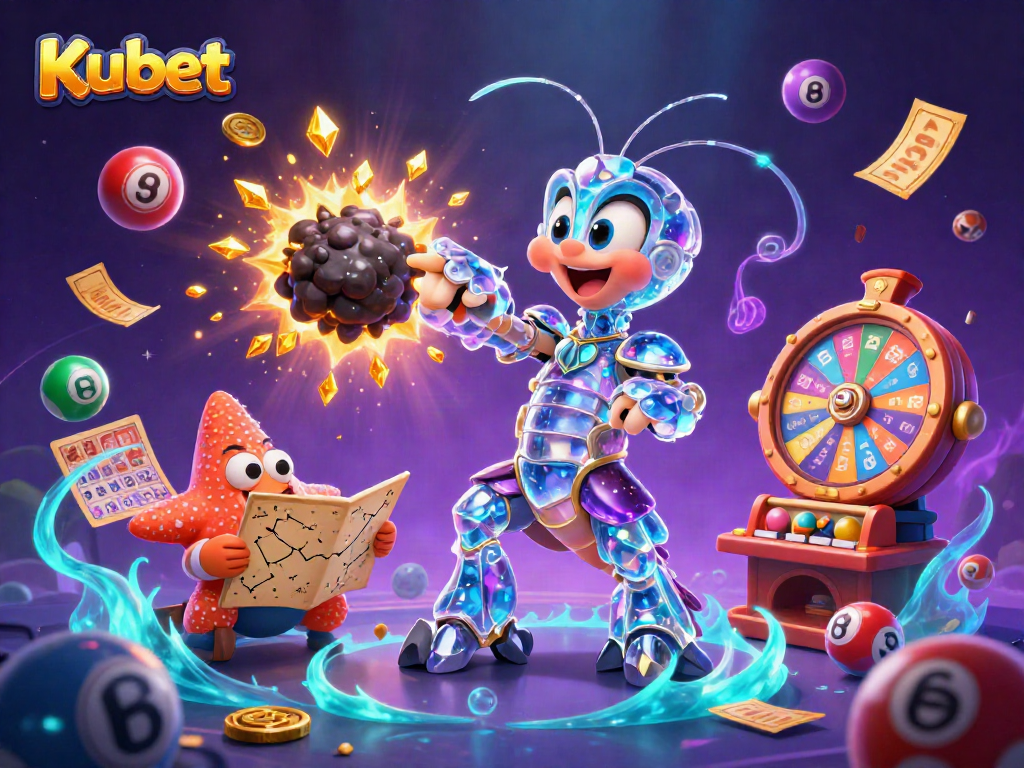 Kubet offers an exciting casino experience with a vibrant illustration of gambling characters and elements.