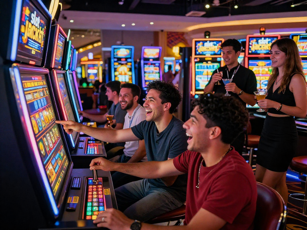 Players celebrating a slot jackpot win at a casino, vibrant atmosphere with colorful lights.