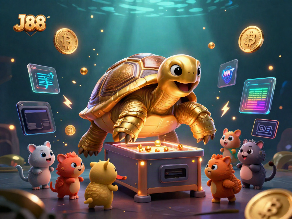 Experience the excitement of J88 casino with a golden tortoise pinball machine surrounded by crypto coins.