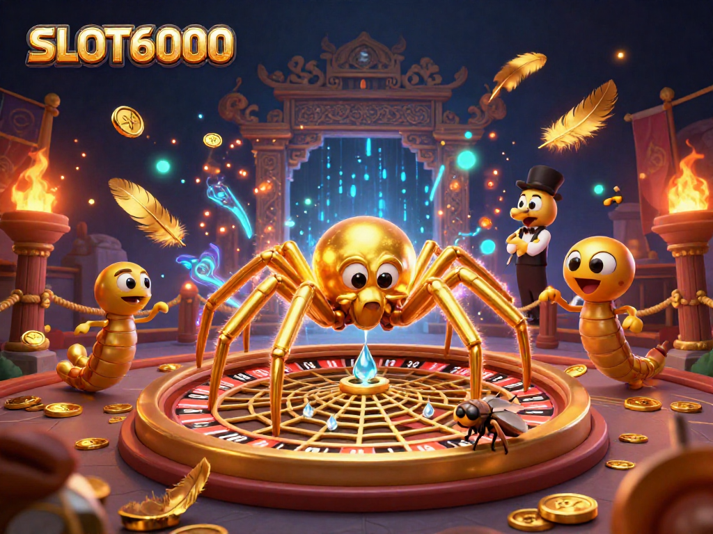 SLOT6000 spider spins a roulette wheel web while a fly bets, showcasing vibrant casino elements.