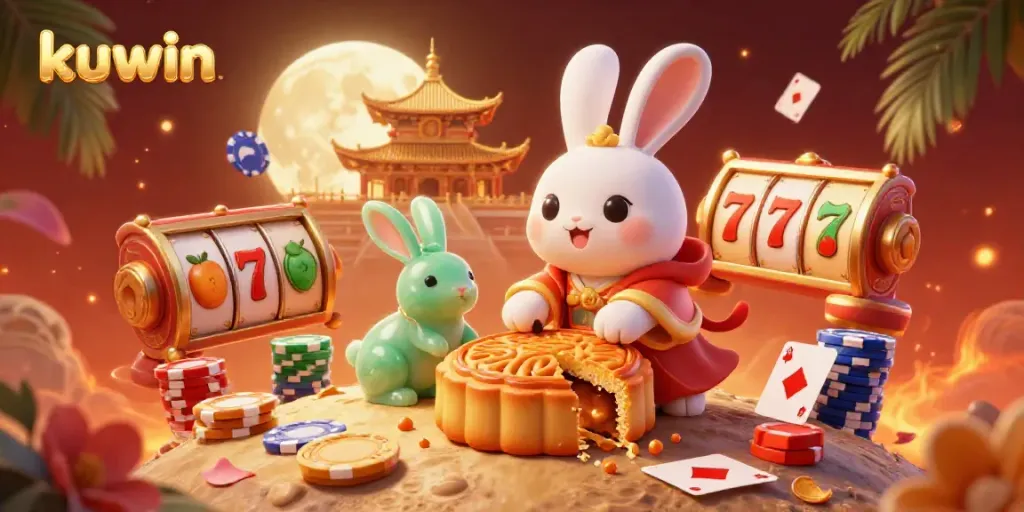 Kuwin, a dynamic online casino, showcases vibrant slot reels, poker chips, and traditional characters in a festive atmosphere.