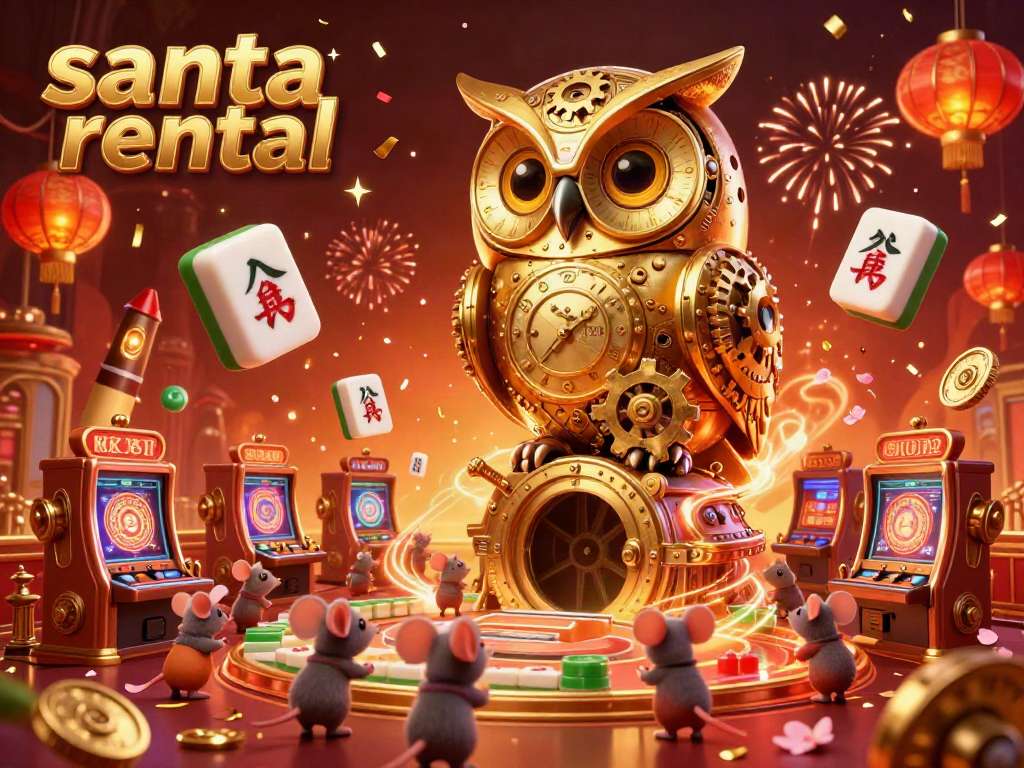 Experience festive gaming with the vibrant scene of a Santa rental casino featuring unique characters and elements.