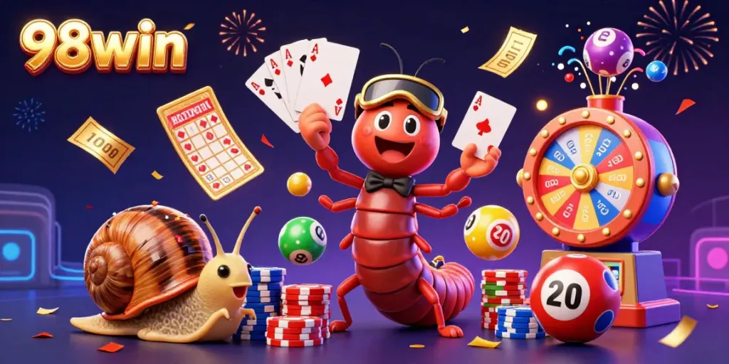 Experience thrilling wins at 98win with vibrant illustrations of an animated casino atmosphere featuring a millipede dealer.