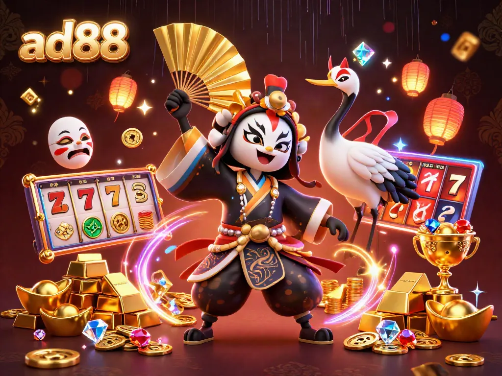 Win big with ad88's vibrant slot gaming experience illustrated in a rich 3D scene.