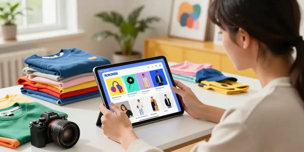 Engaged user exploring rokok88 online shopping on a tablet in a vibrant home setting.