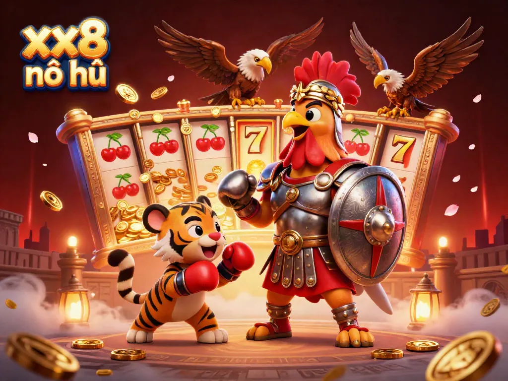 Engage in thrilling xx8 nổ hũ action with the dynamic gladiator rooster amidst slot machines and jackpots.