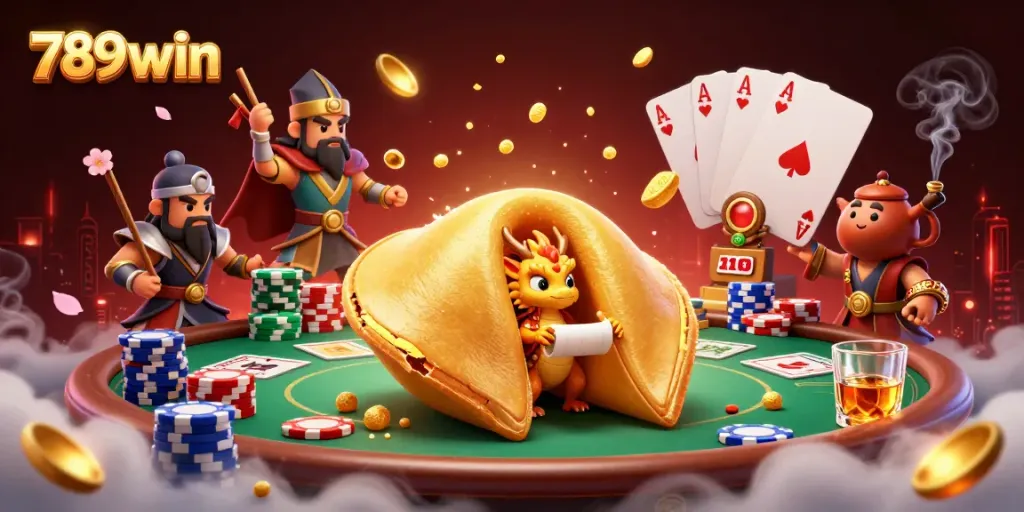 Engage with 789win's thrilling casino experience featuring a wise dragon and golden fortune cookie.