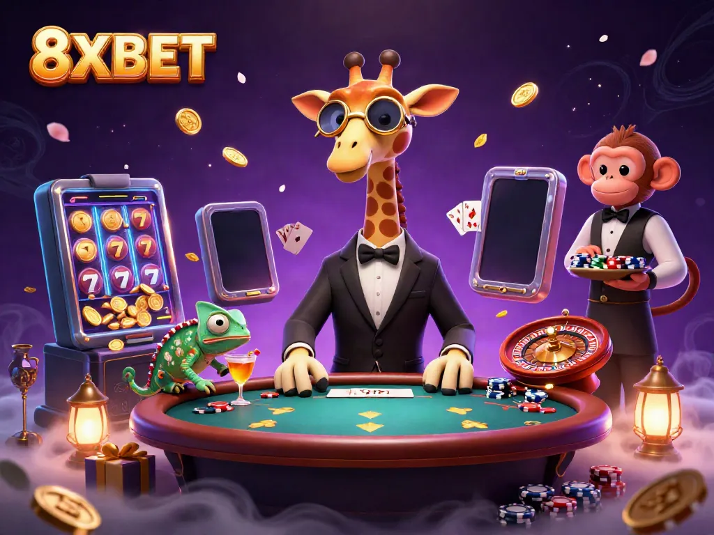 Experience the vibrant world of 8XBET with our lively casino illustration featuring a high-roller giraffe, monkey valet, and chameleon bartender.