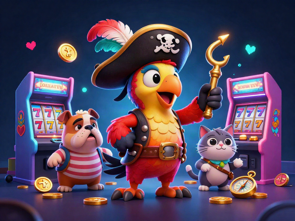 Experience the excitement of XOILACTV's vibrant gaming space with colorful arcade machines and a pirate crew.