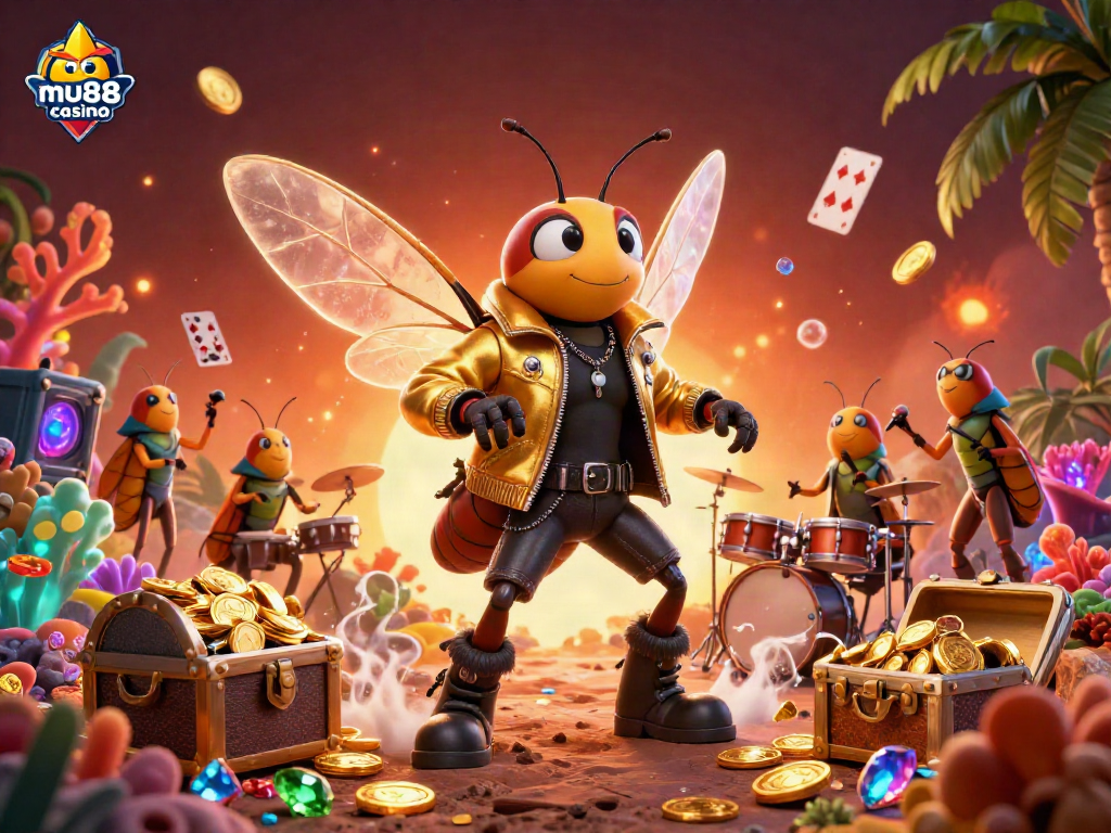 Experience the thrilling world of mu88 casino with a dynamic 3D illustration featuring whimsical characters and treasure.