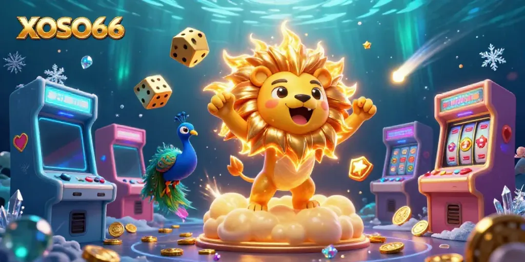XOSO66 showcases a vibrant 3D illustration featuring a golden lion, casino elements, and arcade games.