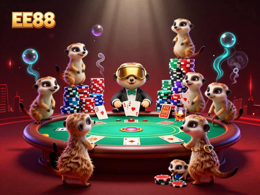 EE88 meerkats managing a lively casino, with poker elements and vibrant atmosphere.