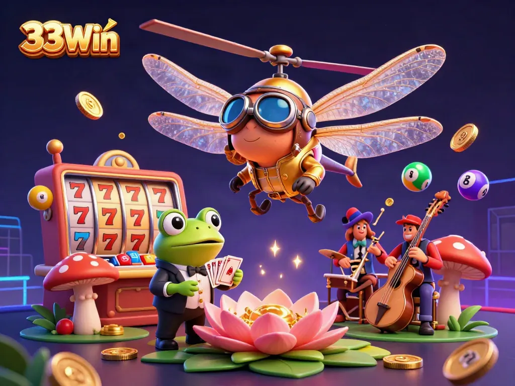 Experience the vibrant 33Win casino world with lively characters, colorful lottery balls, and dynamic game elements.