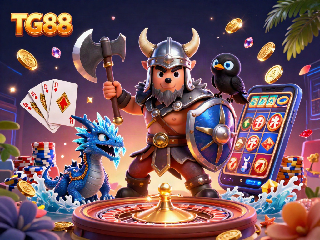 Engage with TG88 gaming excitement featuring a Viking warrior, dragon, and vibrant casino elements.