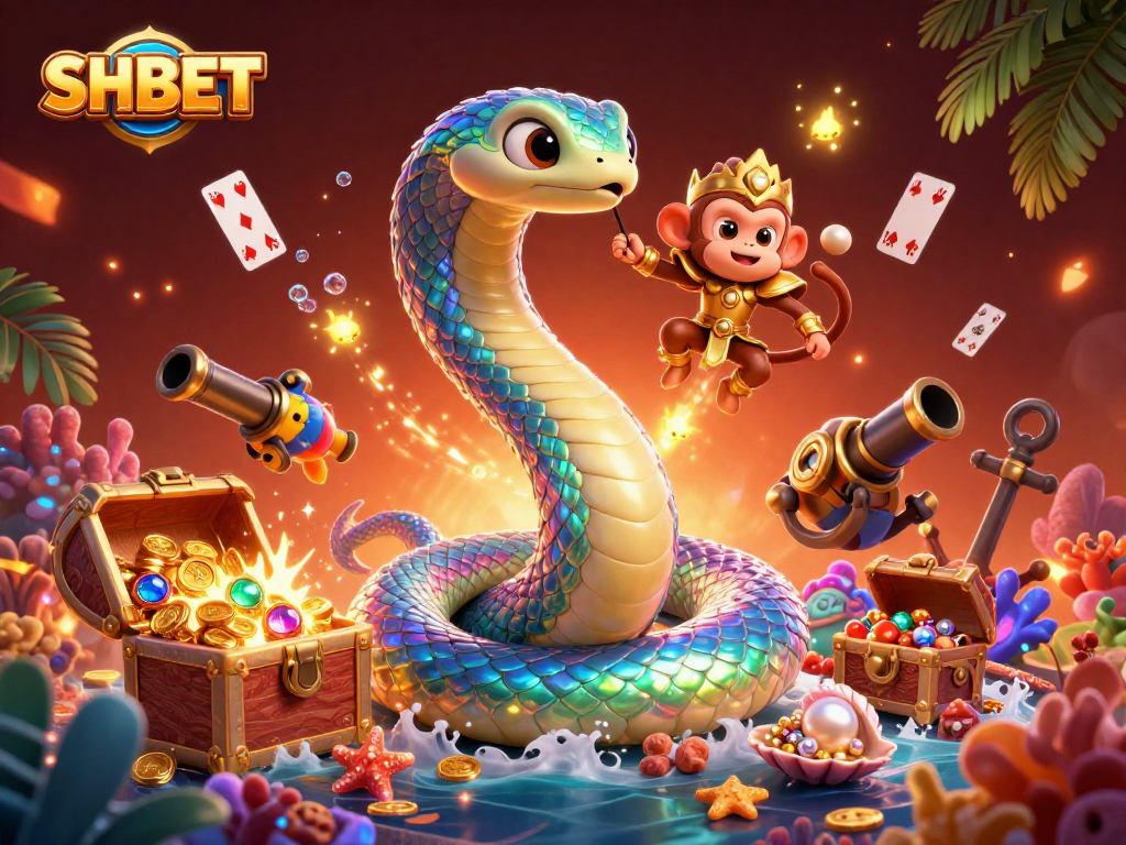 Play colorful SHBET slots with a rainbow serpent and monkey king in magical underwater treasure scene.