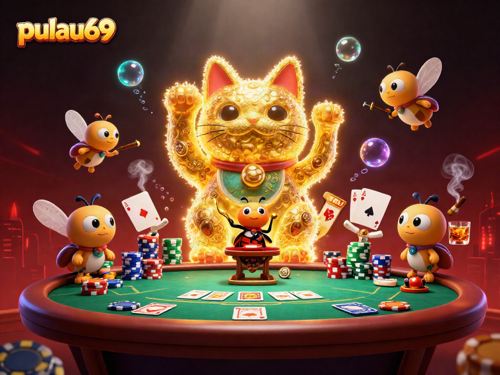 Experience the pulau69 excitement with a vibrant lucky cat scene packed with poker elements.