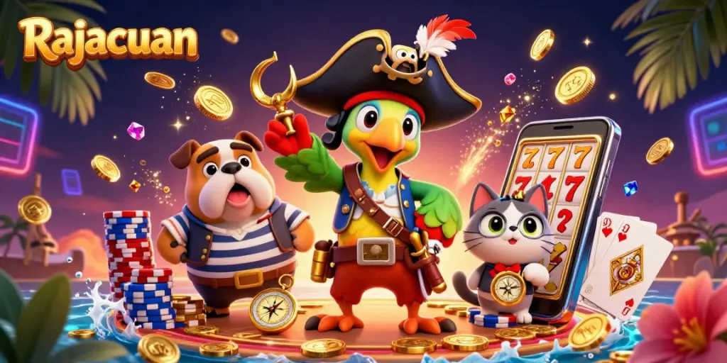 Engage with Rajacuan's vibrant scenes filled with golden coins, poker chips, and adventurous characters in a casino.