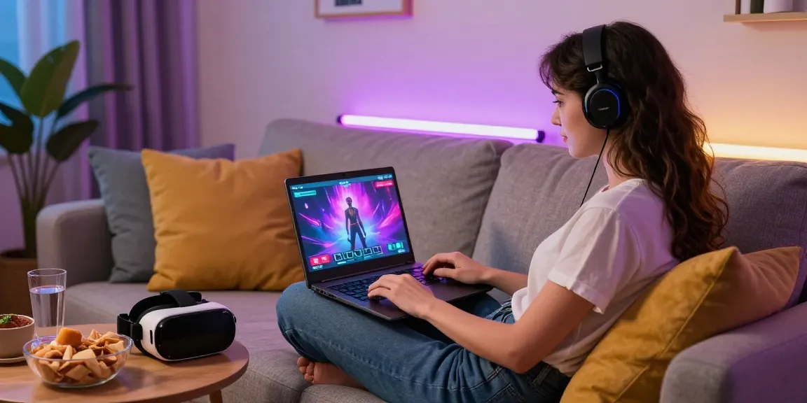 Exciting scene of a woman playing engaging porn games in a cozy modern living room.