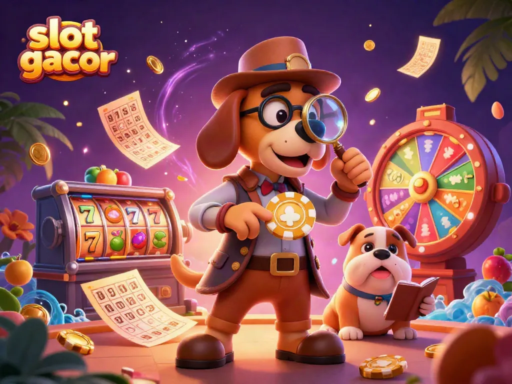 Engage with slot gacor in a vibrant casino scene featuring a detective duo exploring jackpot clues.