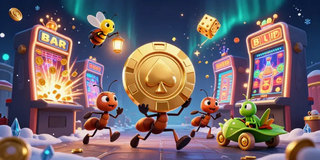 Experience the excitement of kuwin casino with a heist scene featuring ants, light rays, and vibrant jackpot elements.