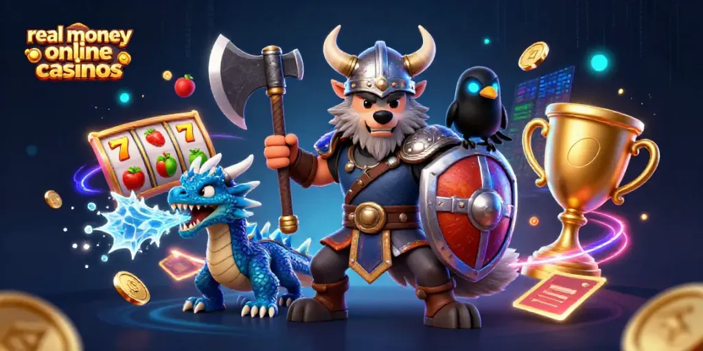 Experience thrilling action with real money online casinos featuring Viking warriors, dragons, and slot games.