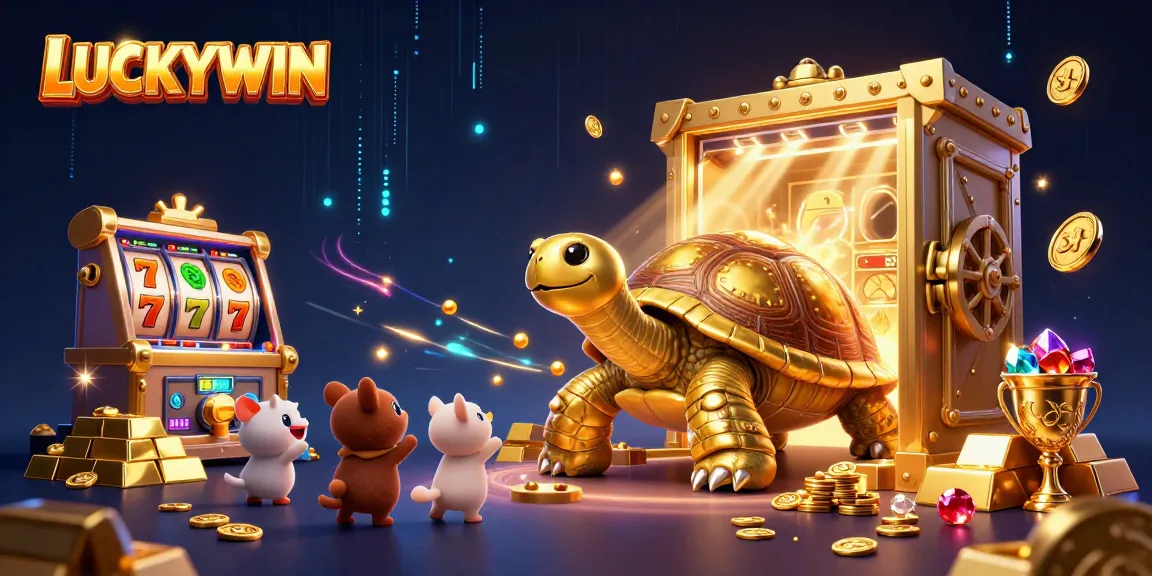 Engage in thrilling wins with LUCKYWIN as animated characters play a fun pinball machine in a treasure-filled casino scene.