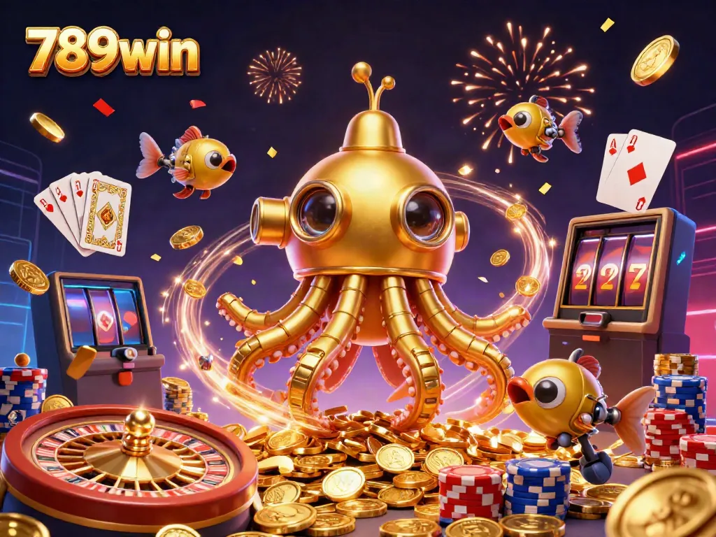 Experience thrilling gameplay at 789win with a vibrant scene of a golden kraken submarine surrounded by coins and casino elements.