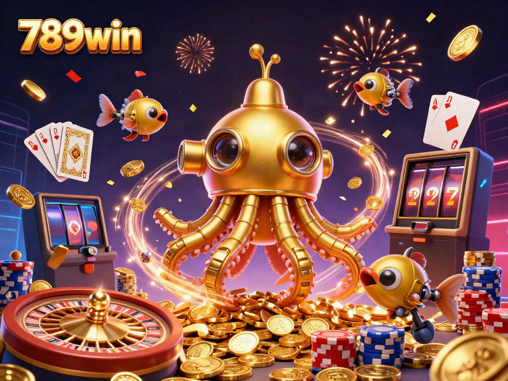 Experience thrilling gameplay at 789win with a vibrant scene of a golden kraken submarine surrounded by coins and casino elements.