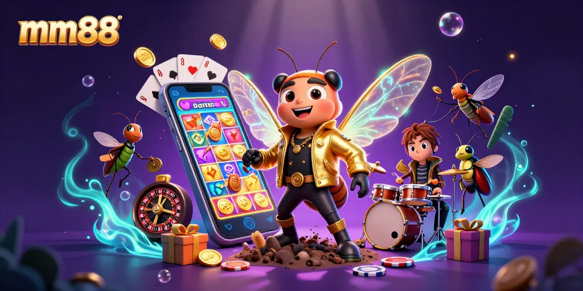 mm88 features an electrifying cicada rock star and beetle drummer in a vibrant casino scene.