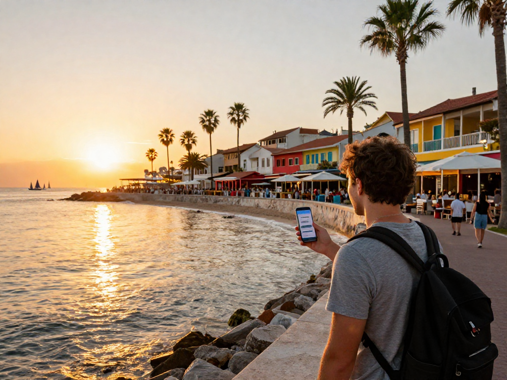 Traveler using lavowin login on smartphone while enjoying a sunset at a coastal city.