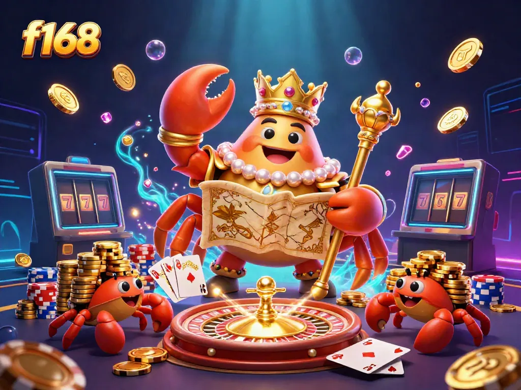 Engaging f168 gaming illustration featuring a golden crab emperor surrounded by casino elements.