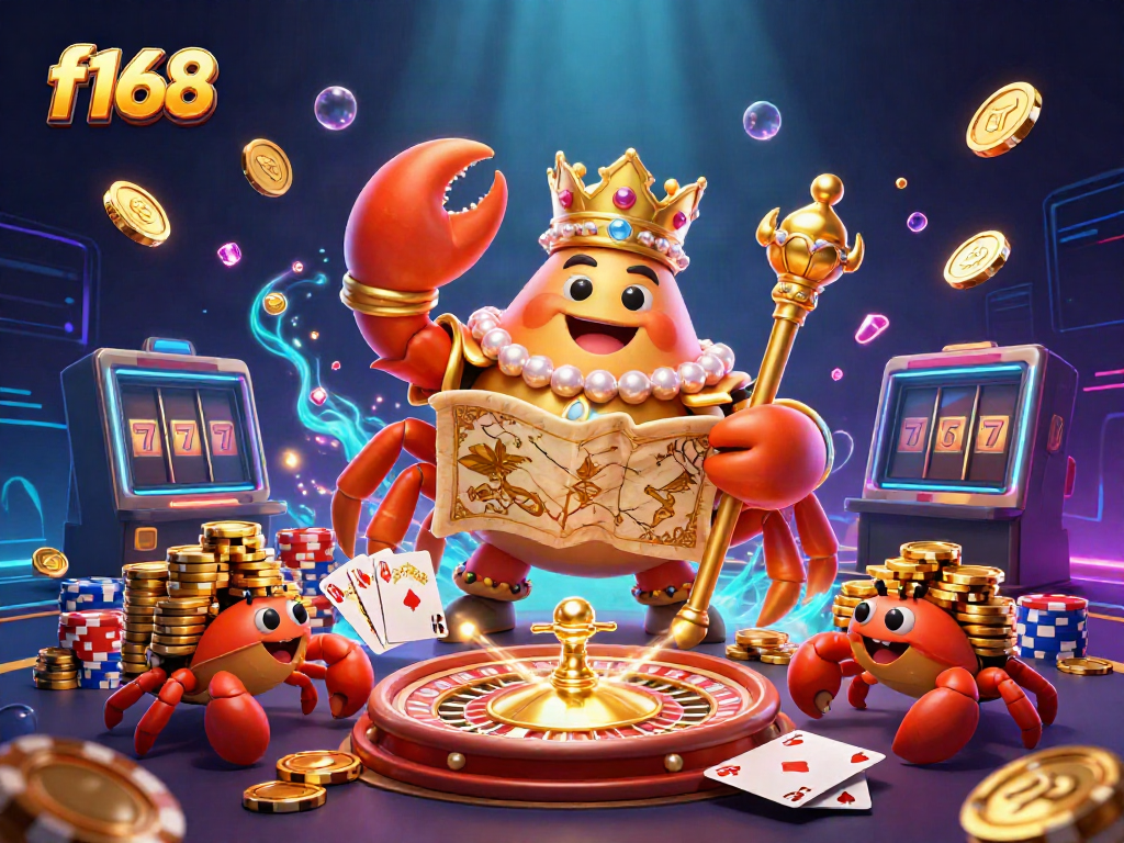 Engaging f168 gaming illustration featuring a golden crab emperor surrounded by casino elements.