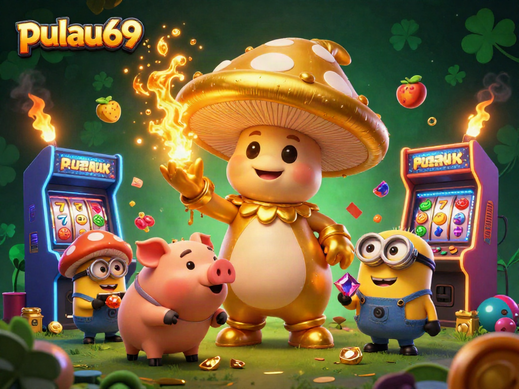 Experience pulau69's magic with a golden mushroom wizard and arcade slots in this vibrant illustration.