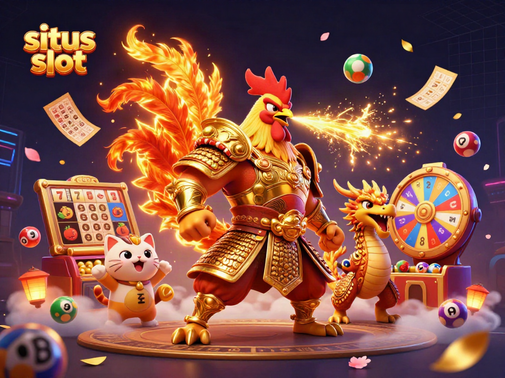 Engaging scene of the situs slot featuring a powerful rooster warrior and a dragon hatchling surrounded by dynamic casino elements.