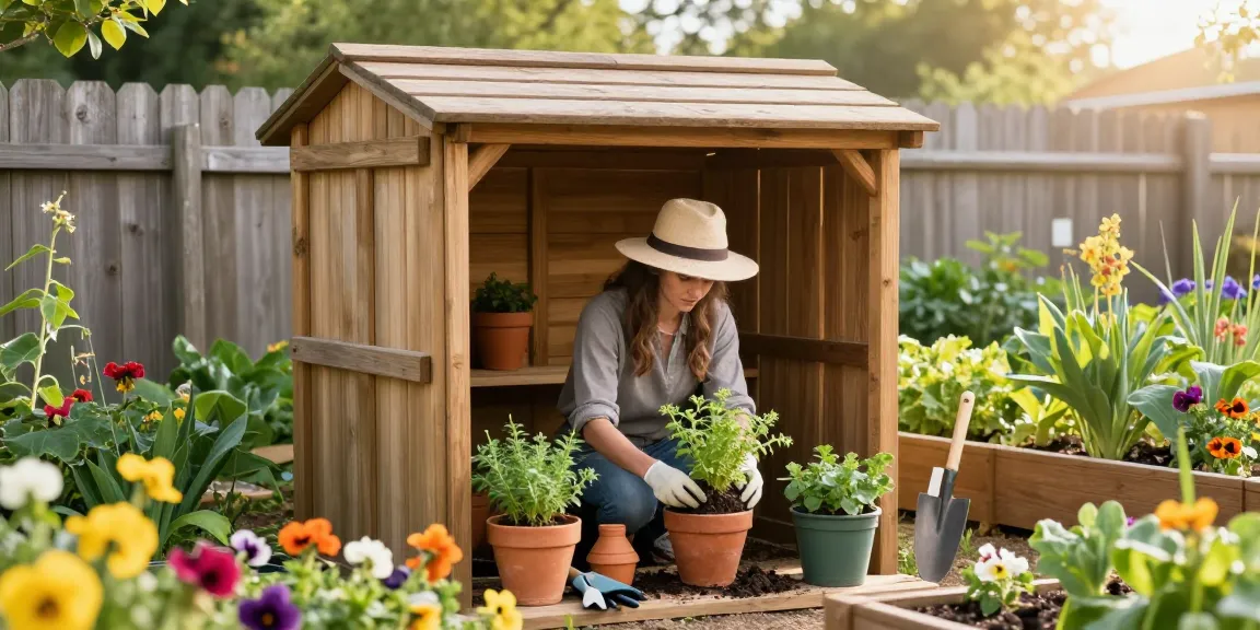 Wooden garden potting sheds with a gardener potting herbs in a vibrant garden.