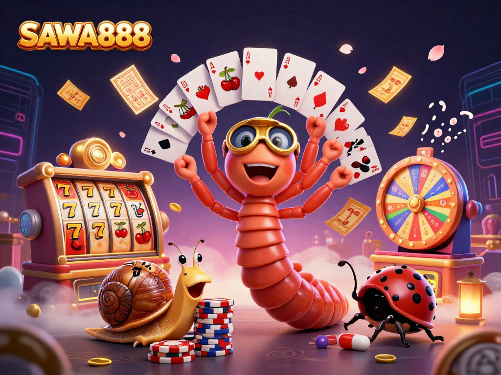 Experience thrilling slots and jackpots with SAWA888, featuring vibrant characters and exciting gaming elements.