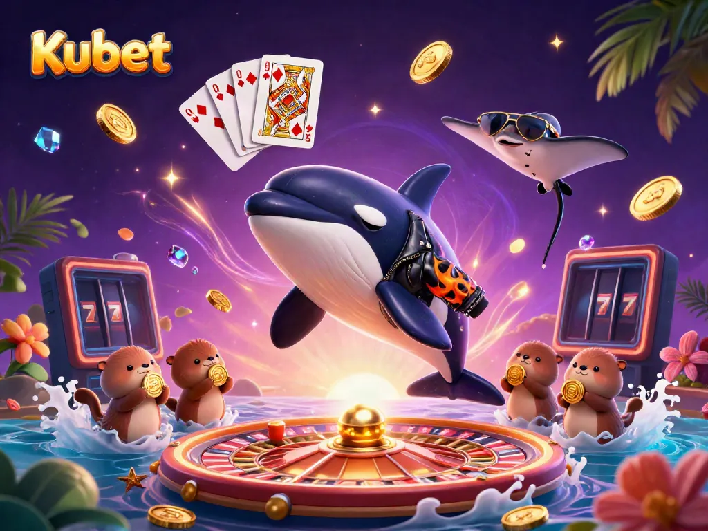 Kubet casino features a dynamic scene with a jumping biker orca whale and sea otters holding golden coins.